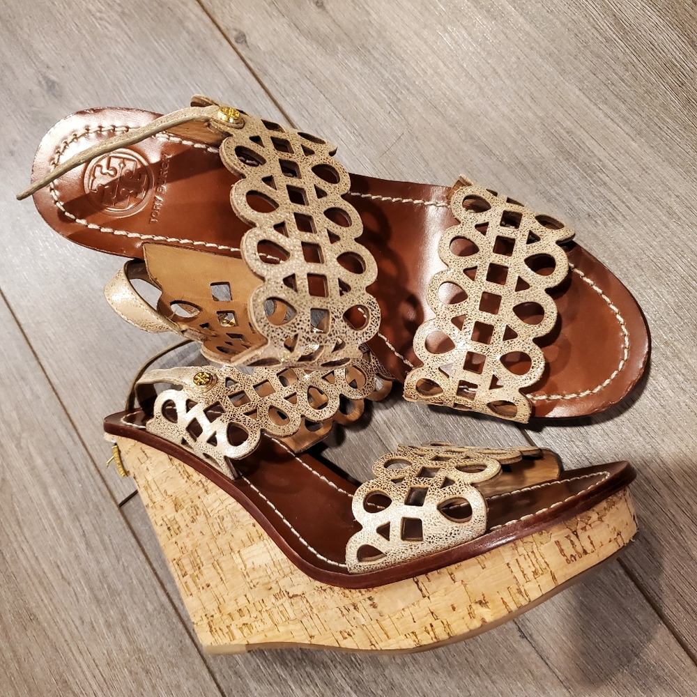 Tory Burch Nori Laser-Cut Metallic Wedge Sandal